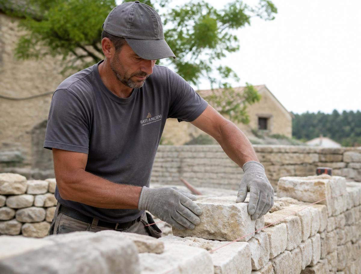 Artisan maçon de MBM PRO TRAVAUX montant un mur en pierre à Peynier