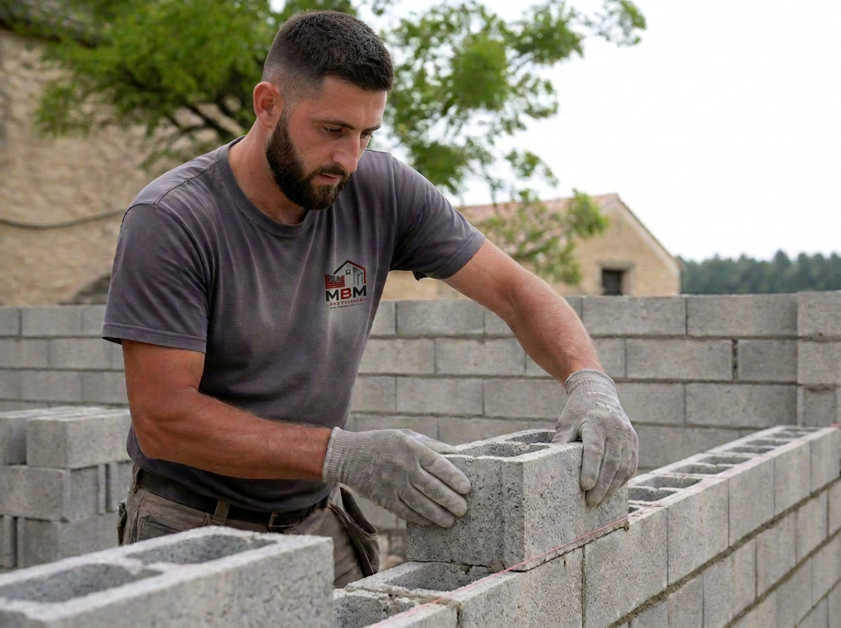 Artisan maçon de MBM PRO TRAVAUX montant un mur en pierre à Peynier