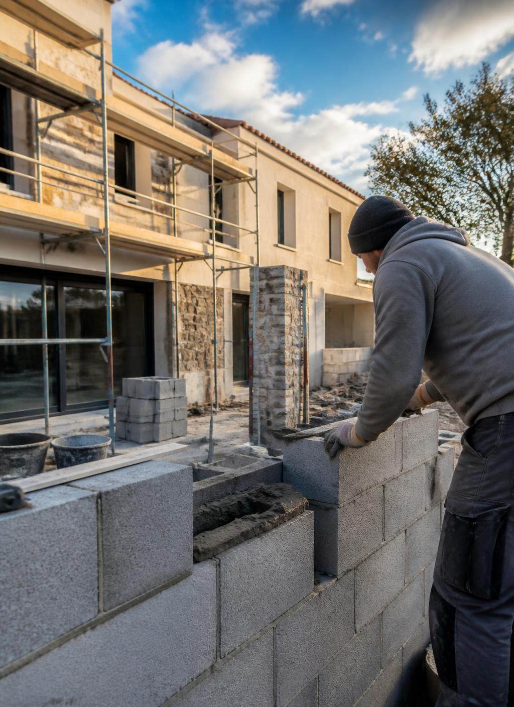 Chantier de maçonnerie en cours, mur en agglos
