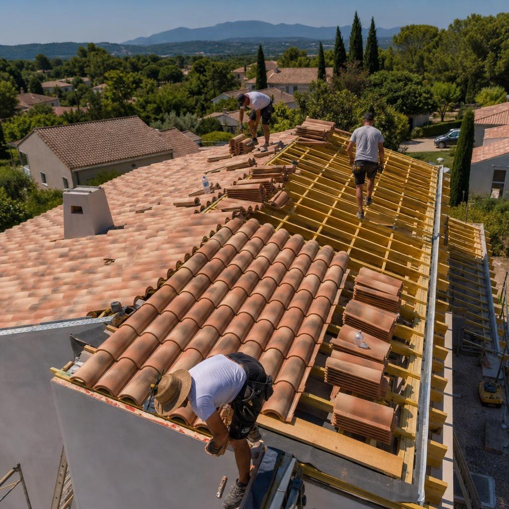 Pose de tuiles provençales sur charpente par les ouvriers MBM Pro Travaux